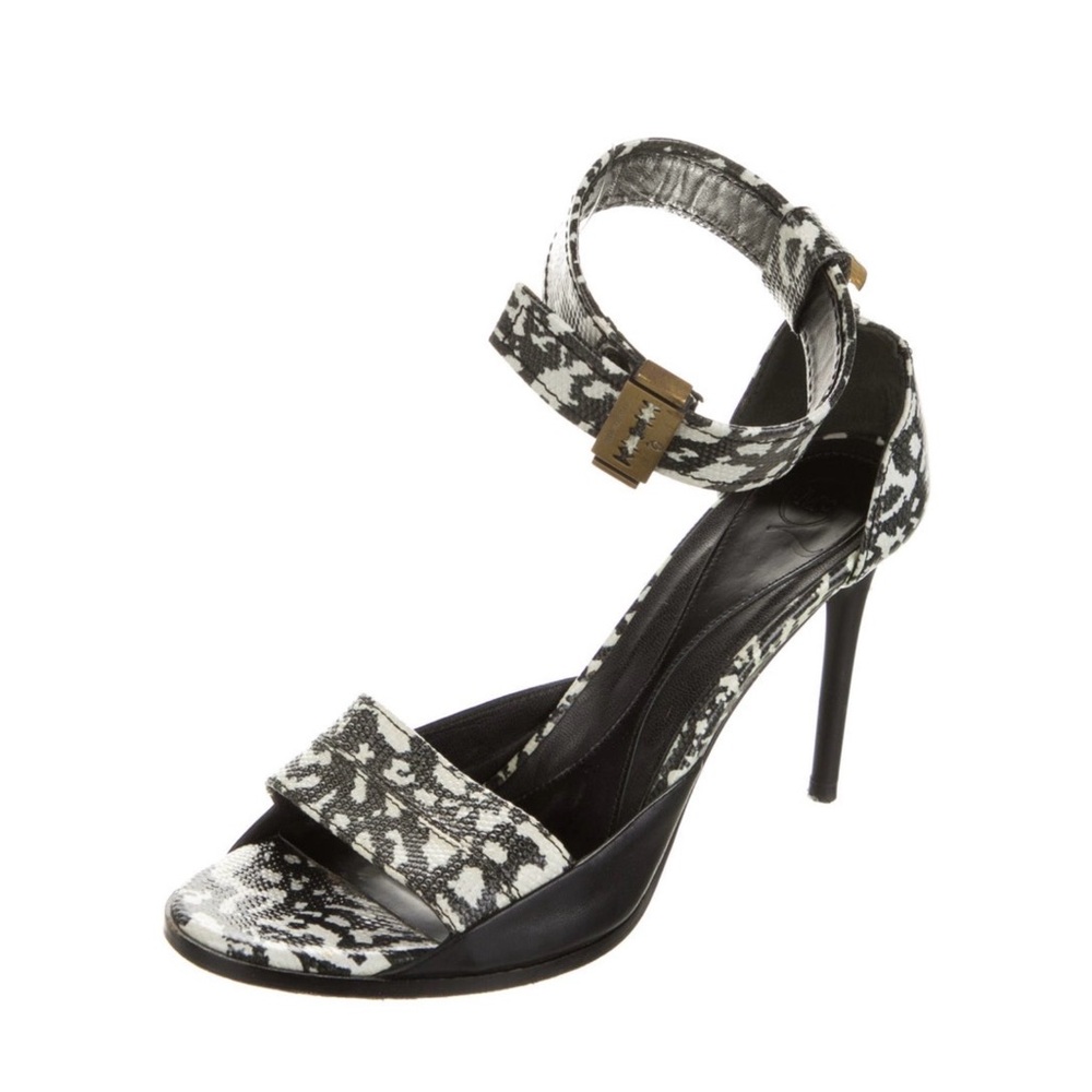 Alexander McQueen Black and White Snake-Print Ankle Strap Stiletto - Picture 2 of 6